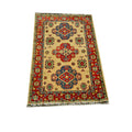 Handmade Afghan Aqcha Wool Rug 3x5 ft front view with three stepped medallions and vibrant red floral border