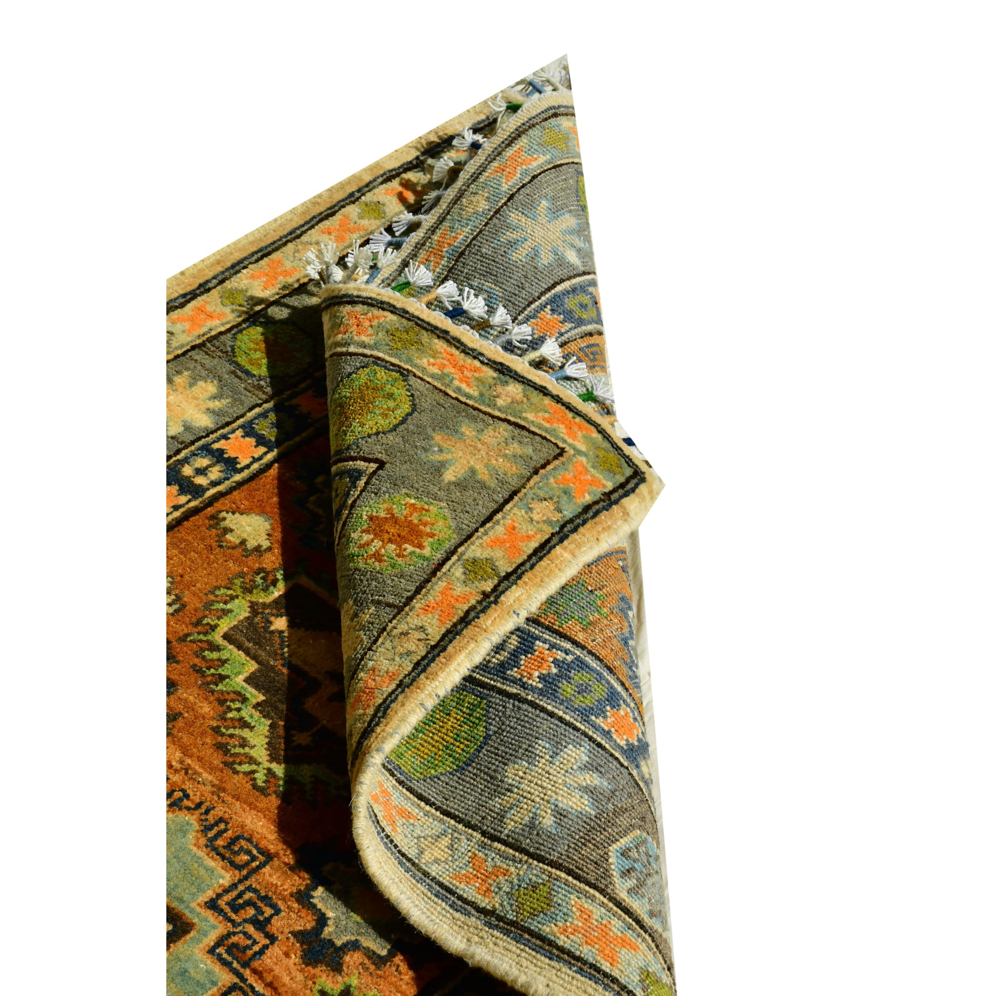 Handmade Afghan Aqcha Wool Rug 3x4 ft side angled view emphasizing wool pile thickness and texture