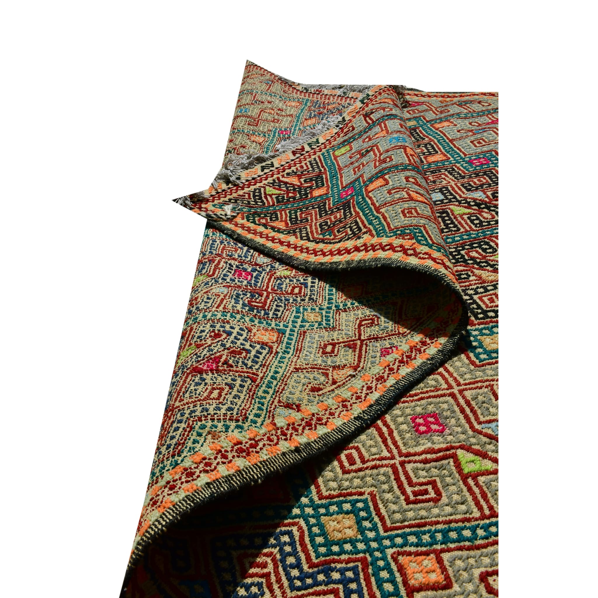 Handmade Afghan Aqcha Wool Rug 5x7 ft partially rolled showing wool thickness and density