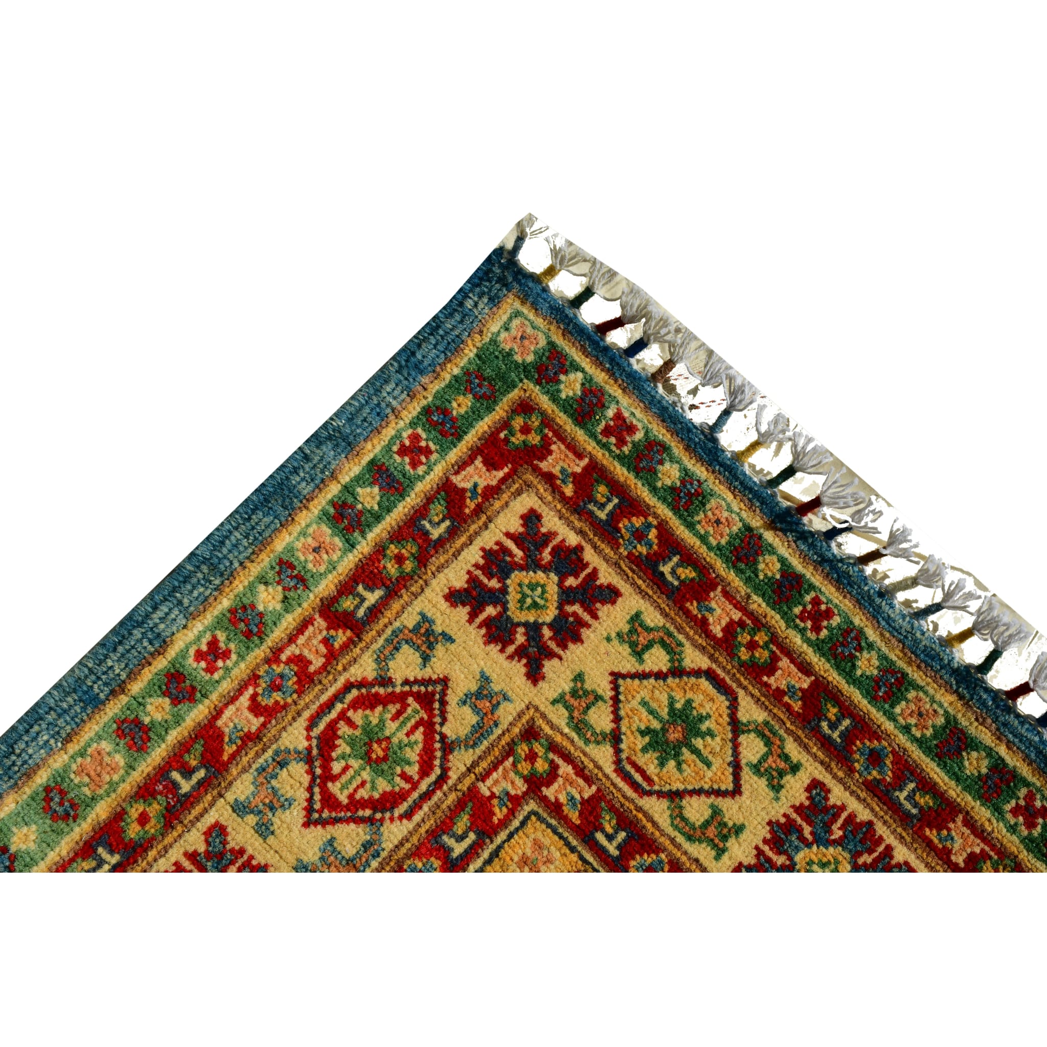 Handmade Afghan Aacha Wool Rug 4x6 ft corner showing intricate border design and rosettes