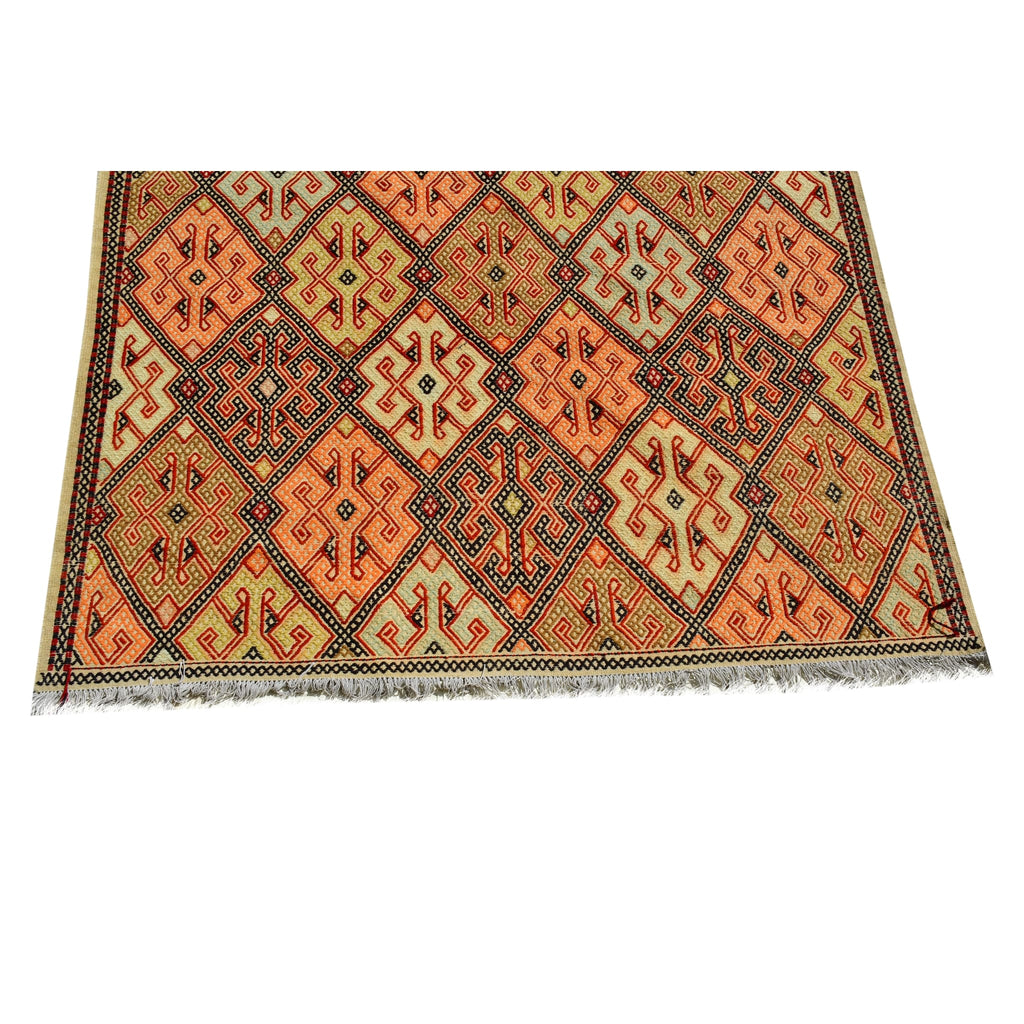 Handmade Afghan Aqcha Wool Rug 6x10 ft close-up of geometric diamond and latch hook motifs
