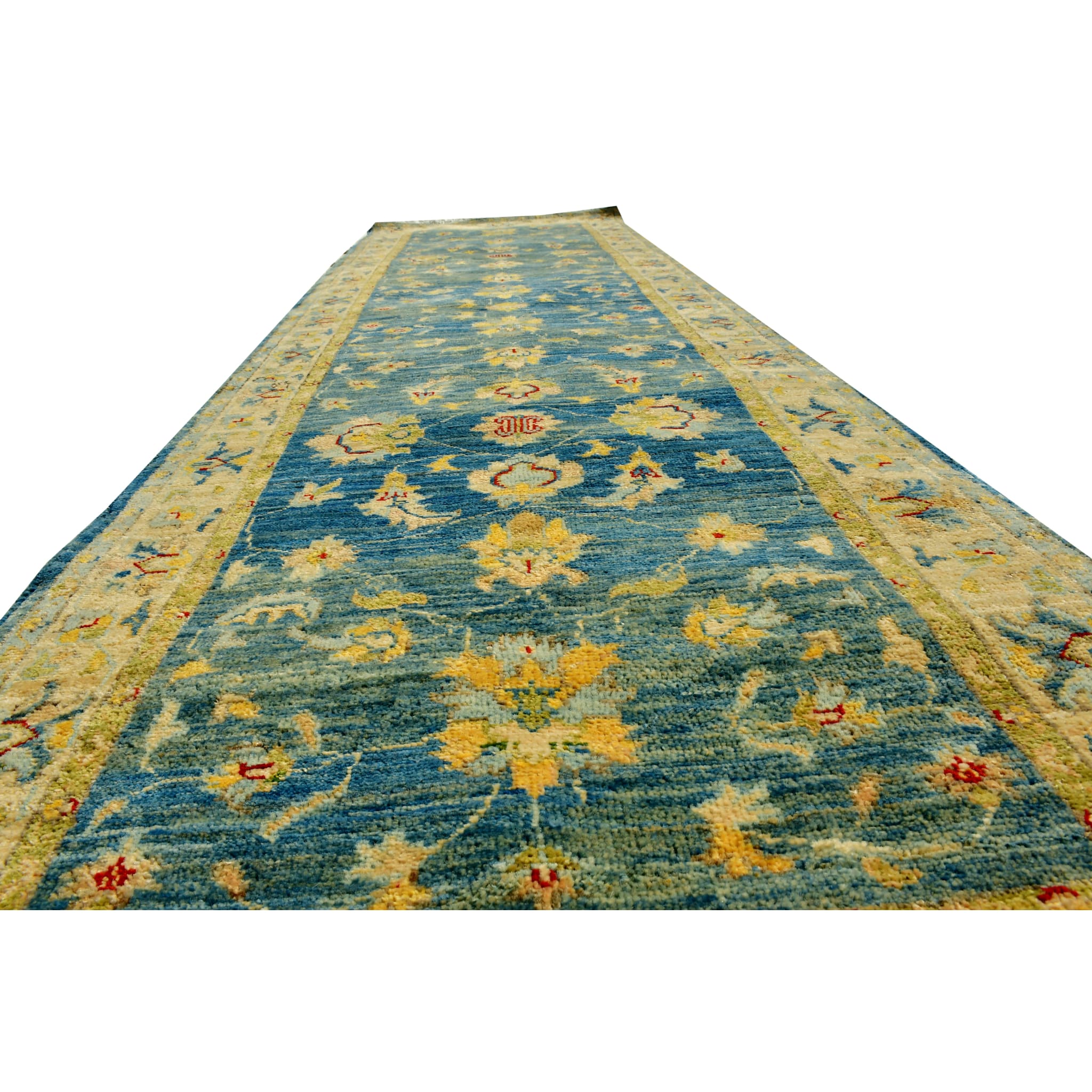 Handmade Afghan Aqcha Wool Rug 3x10 ft angled view highlighting floral pattern and color contrast