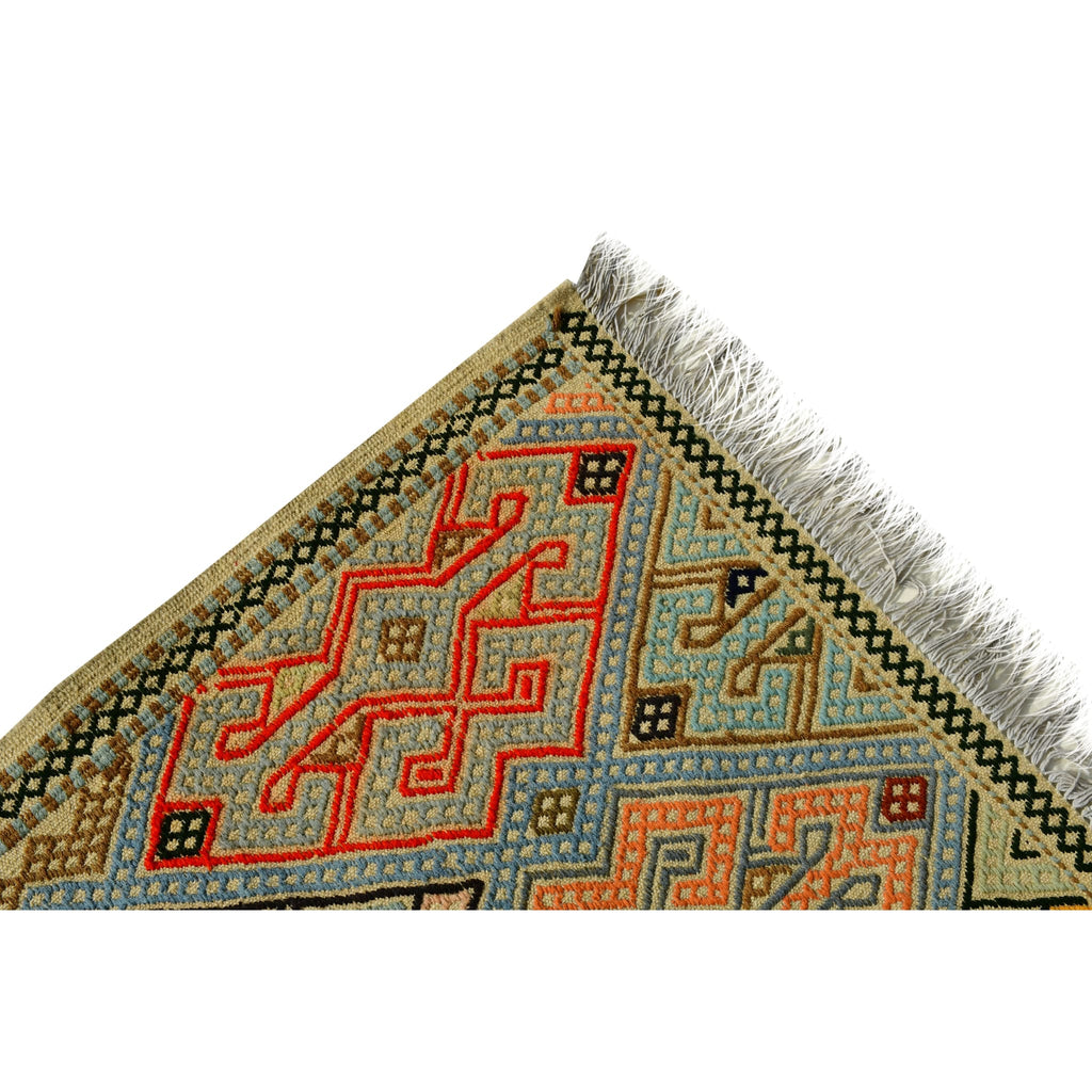 Handmade Afghan Aqcha Wool Rug 7x10 ft corner view with fringe detail and border pattern