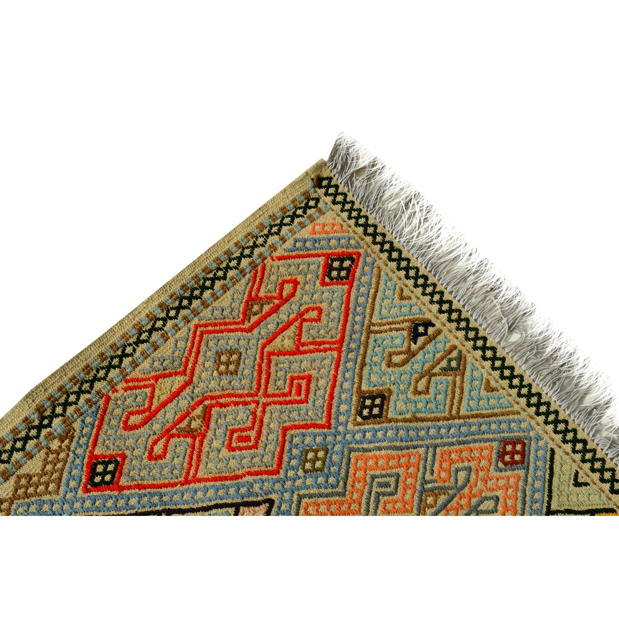 Handmade Afghan Aqcha Wool Rug 7x10 ft corner view with fringe detail and border pattern