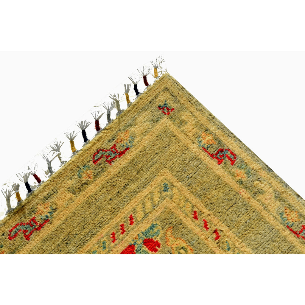 Handmade Afghan Aqcha Wool Rug 2.5x4 ft corner detail with fringe and floral border