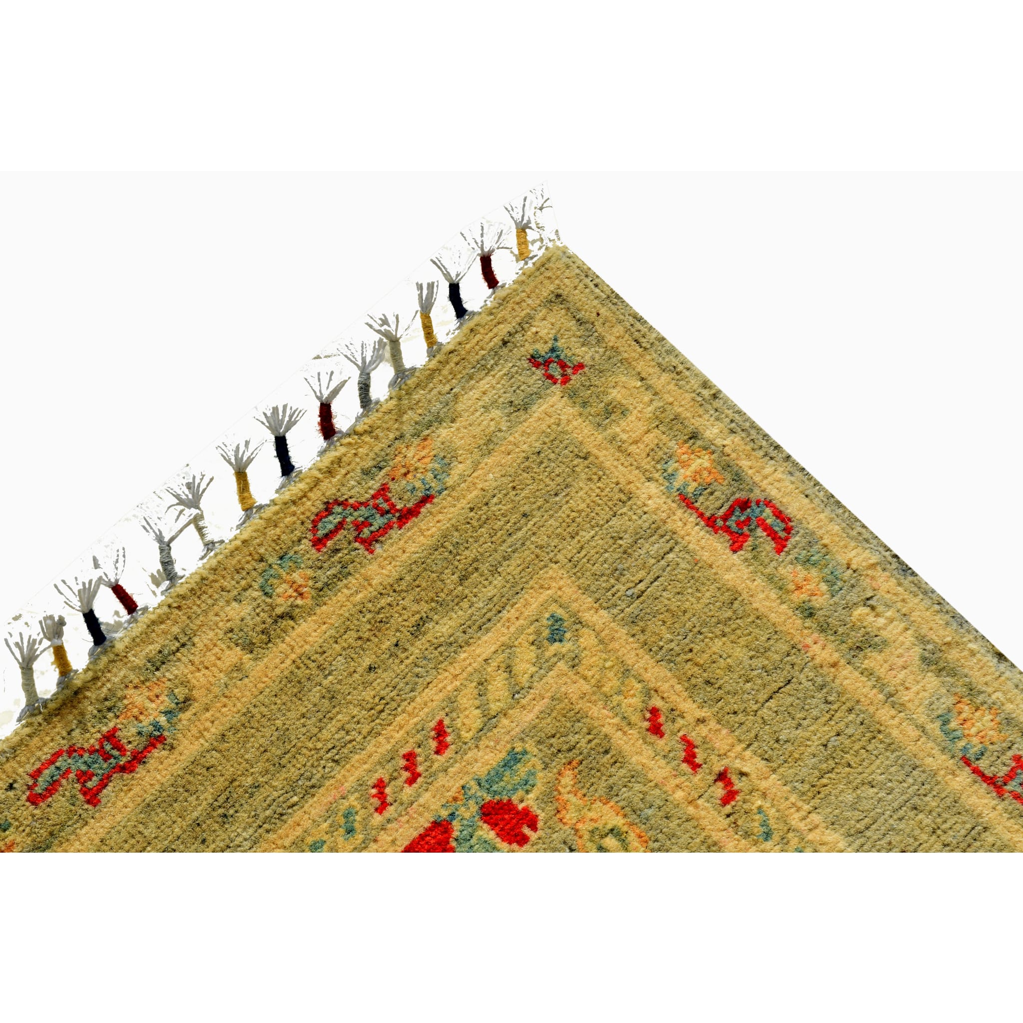 Handmade Afghan Aqcha Wool Rug 2.5x4 ft corner detail with fringe and floral border