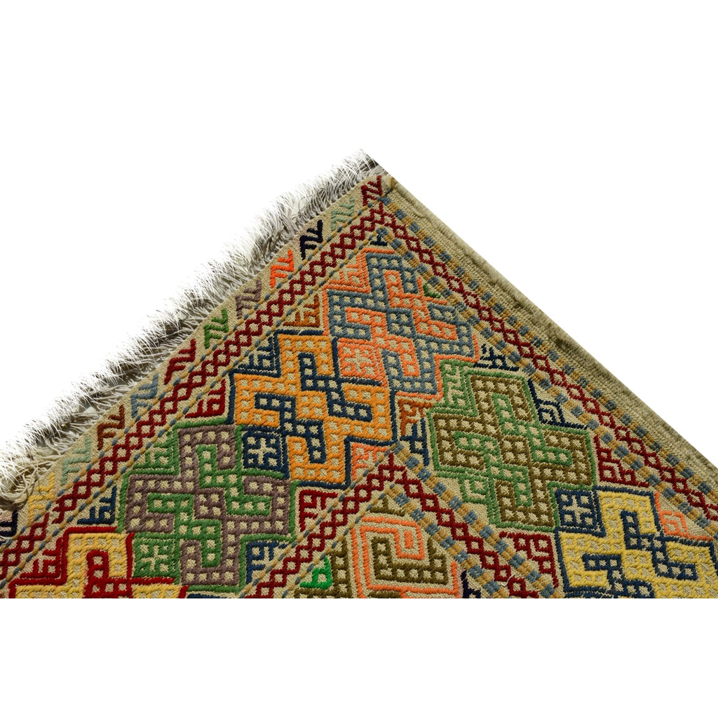 Handmade Afghan Aqcha Wool Rug 6x10 ft corner view highlighting woven border and fringe