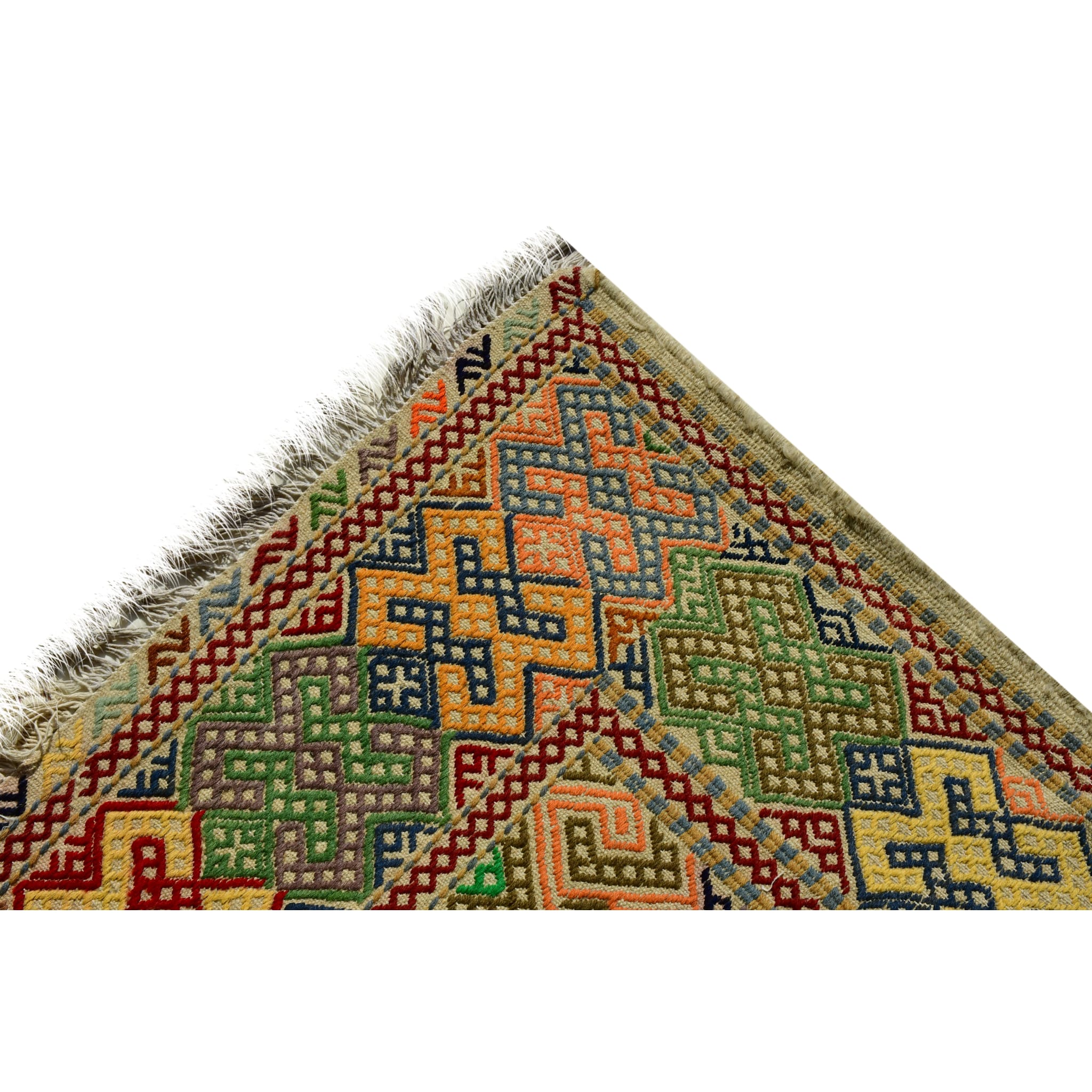 Handmade Afghan Aqcha Wool Rug 6x10 ft corner view highlighting woven border and fringe