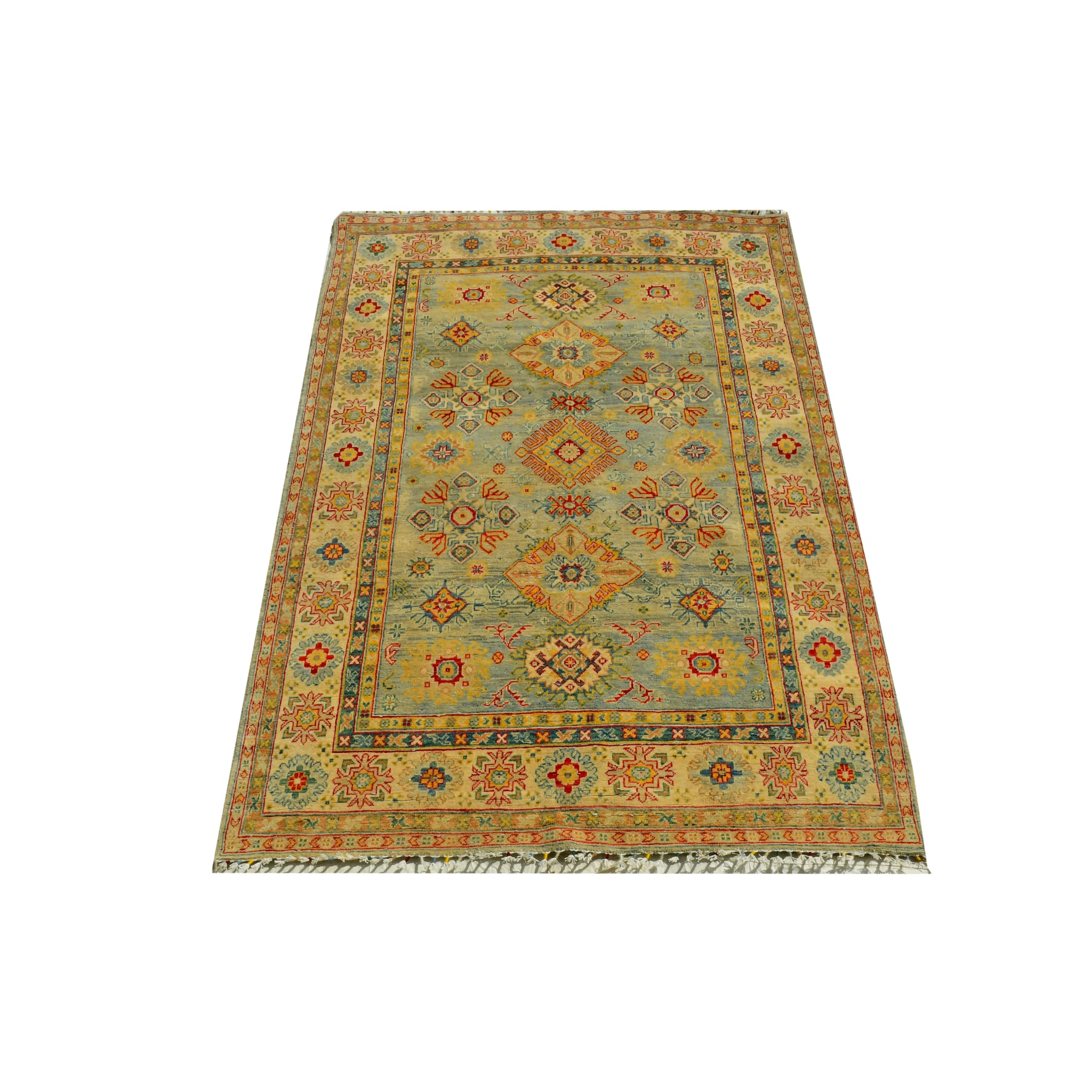 Handmade Afghan Aqcha Wool Rug 5x8 ft side angle view highlighting wool texture and natural sheen