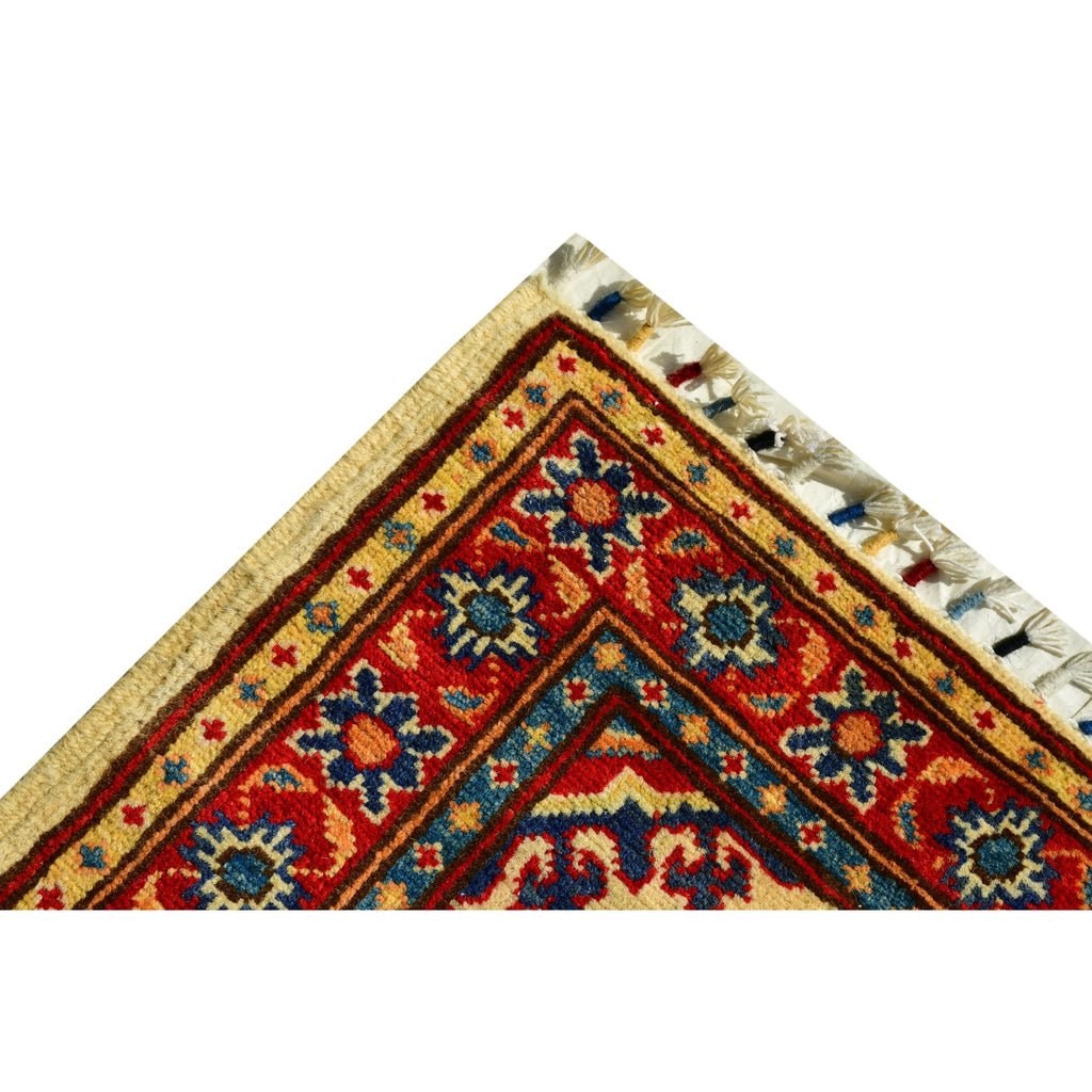 Handmade Afghan Aqcha Wool Rug 2x6 ft corner detail highlighting rosette border motifs