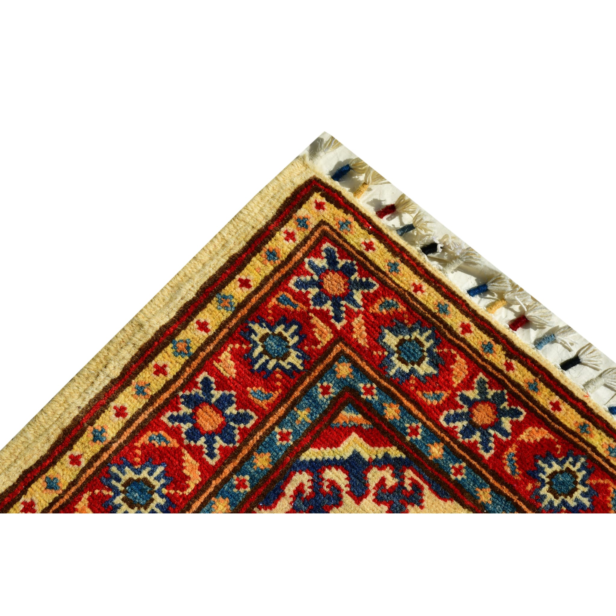 Handmade Afghan Aqcha Wool Rug 2x6 ft corner detail highlighting rosette border motifs
