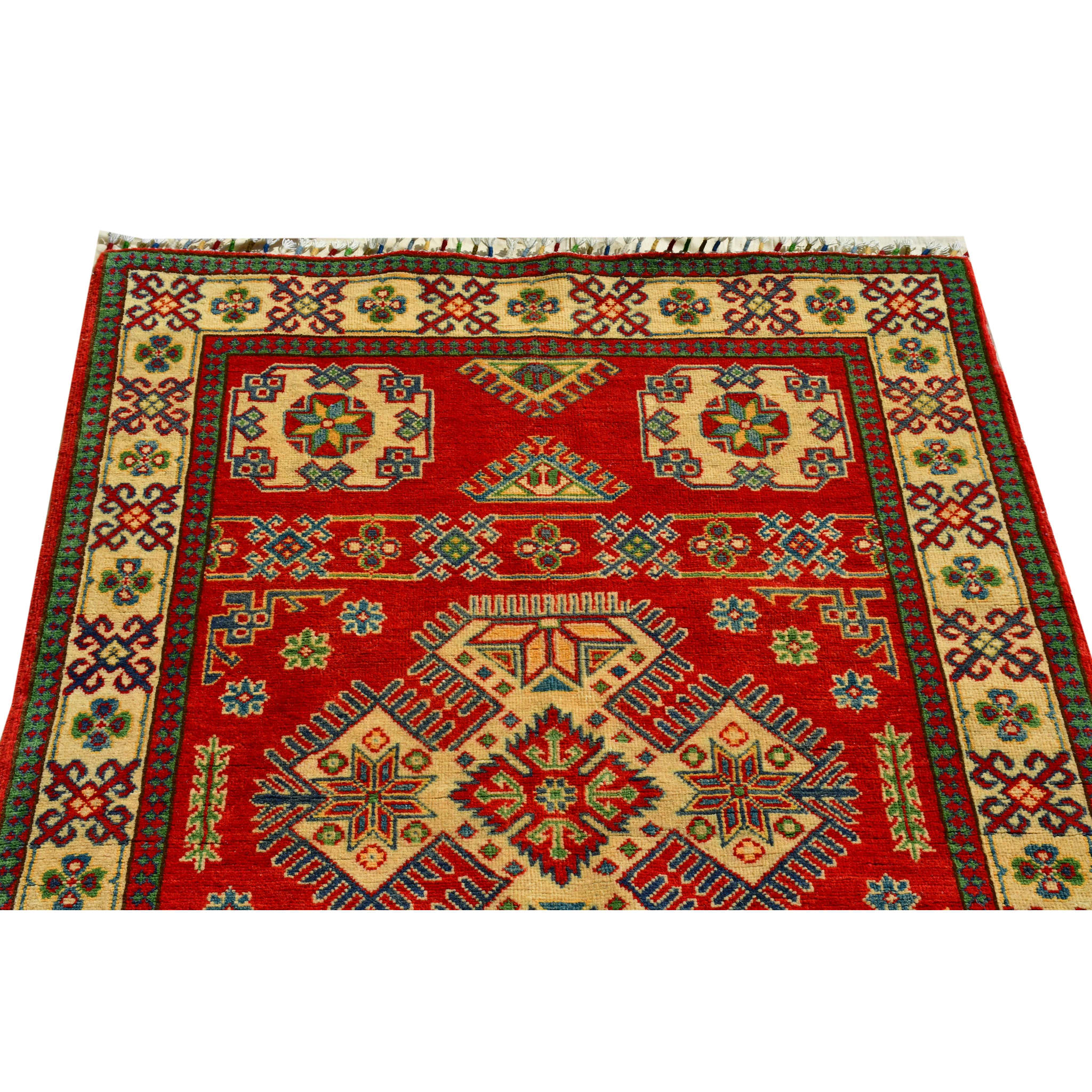 Handmade Afghan Aqcha Wool Rug 4x6 ft close-up of central diamond medallion with cross motifs and floral rosettes