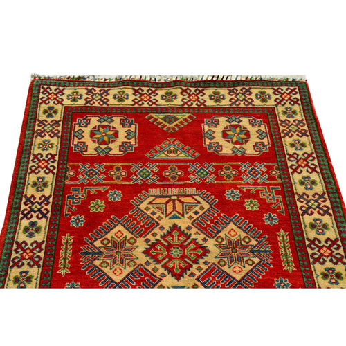 Handmade Afghan Aqcha Wool Rug 4x6 ft close-up of central diamond medallion with cross motifs and floral rosettes