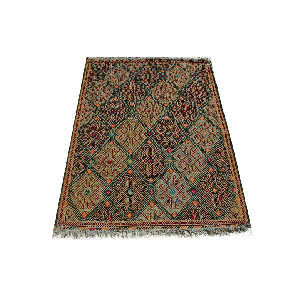 Handmade Afghan Aqcha Wool Rug 5x7 ft full front view showing geometric diamond pattern and tribal motifs