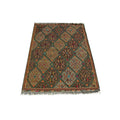 Handmade Afghan Aqcha Wool Rug 5x7 ft full front view showing geometric diamond pattern and tribal motifs