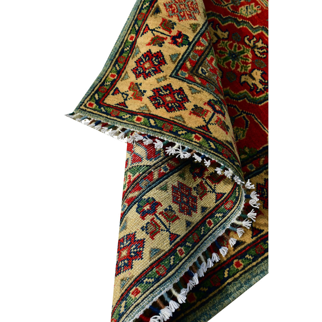Handmade Afghan Aqcha Wool Rug 2.5x4 ft close-up of geometric motifs in madder red and sage green