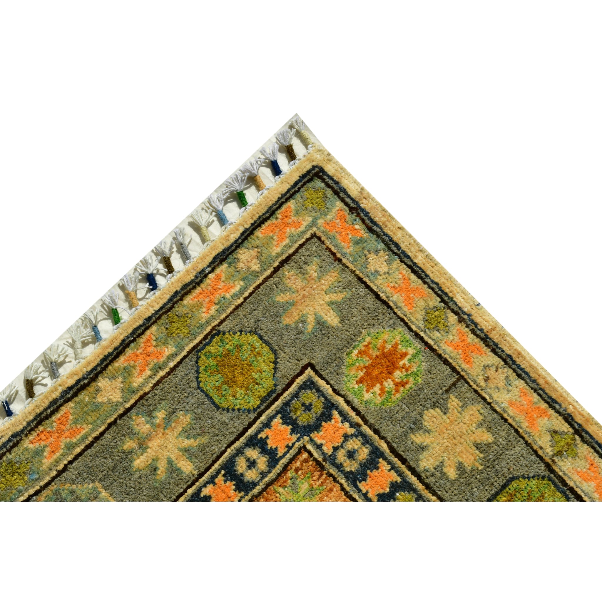 Handmade Afghan Aqcha Wool Rug 3x4 ft corner detail highlighting hand knotted fringe and geometric border design