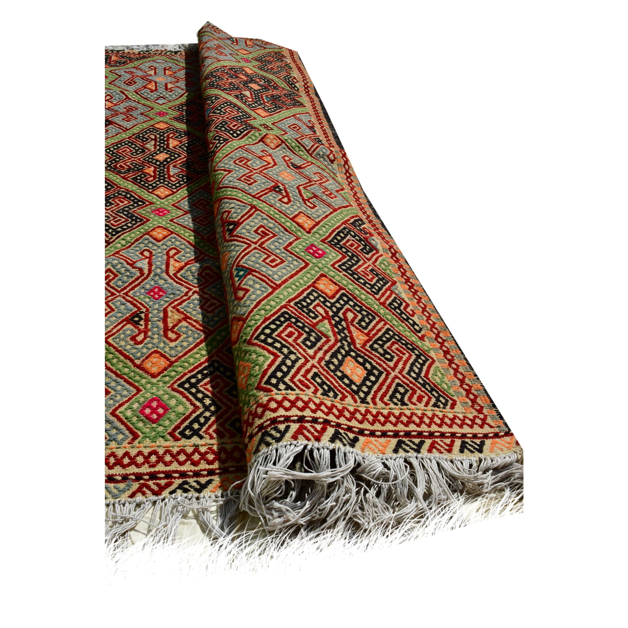 Handmade Afghan Aqcha Wool Rug 5x7 ft rolled view emphasizing dense kilim weave texture
