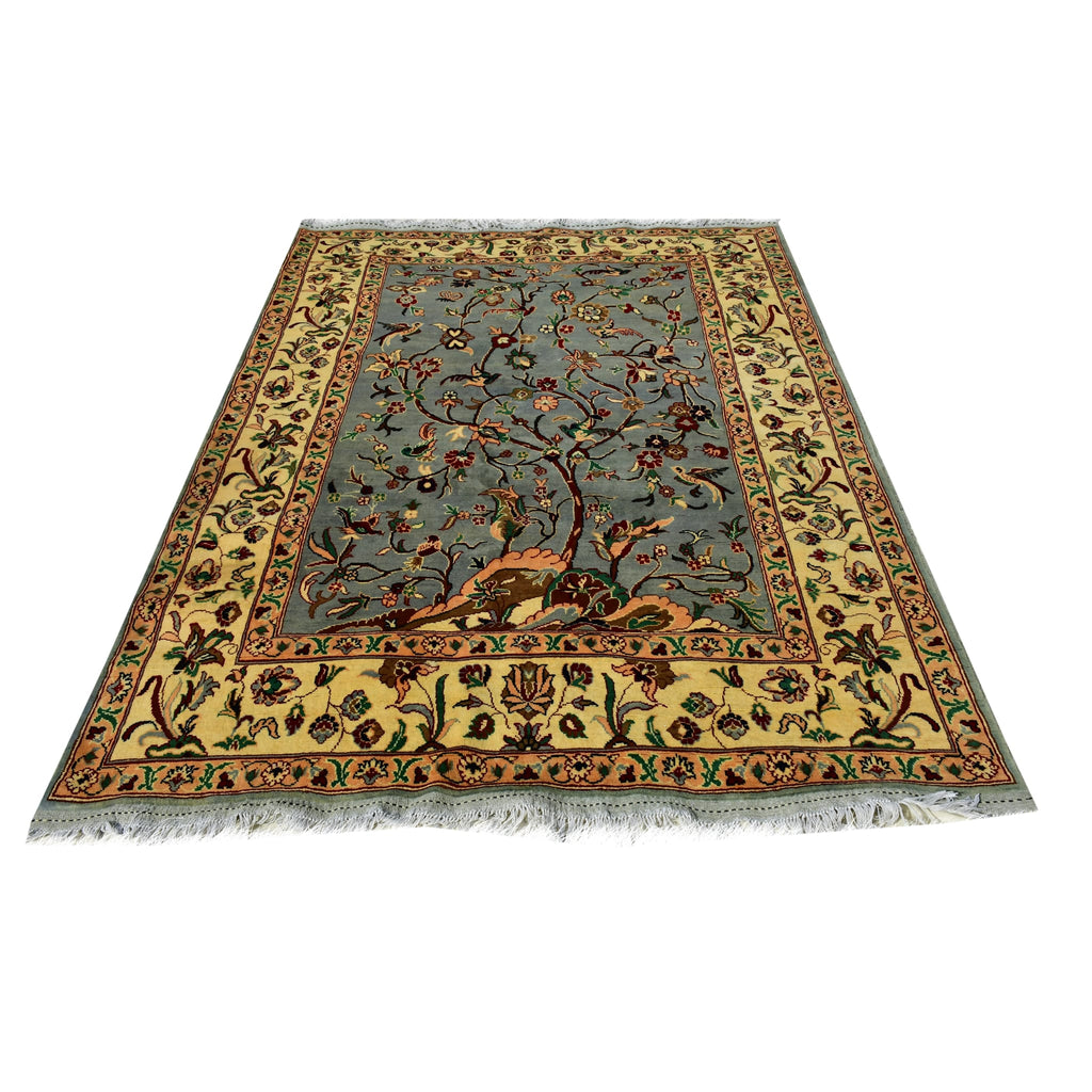 Handmade Afghan Aqcha Wool Rug 5x8 ft angled view emphasizing pictorial Shikargah elements