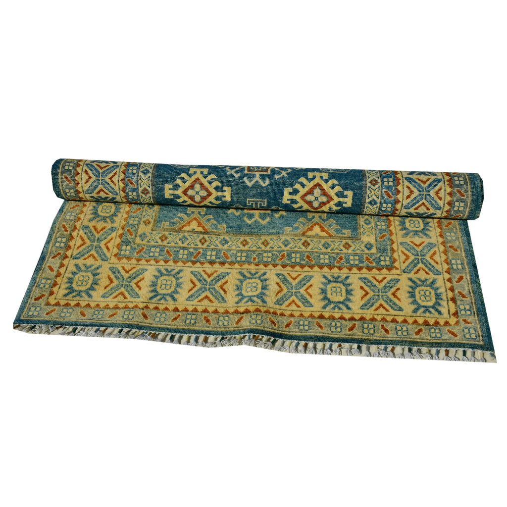 Handmade Afghan Aqcha Wool Rug 4x6 ft stacked view showing layered tribal pattern