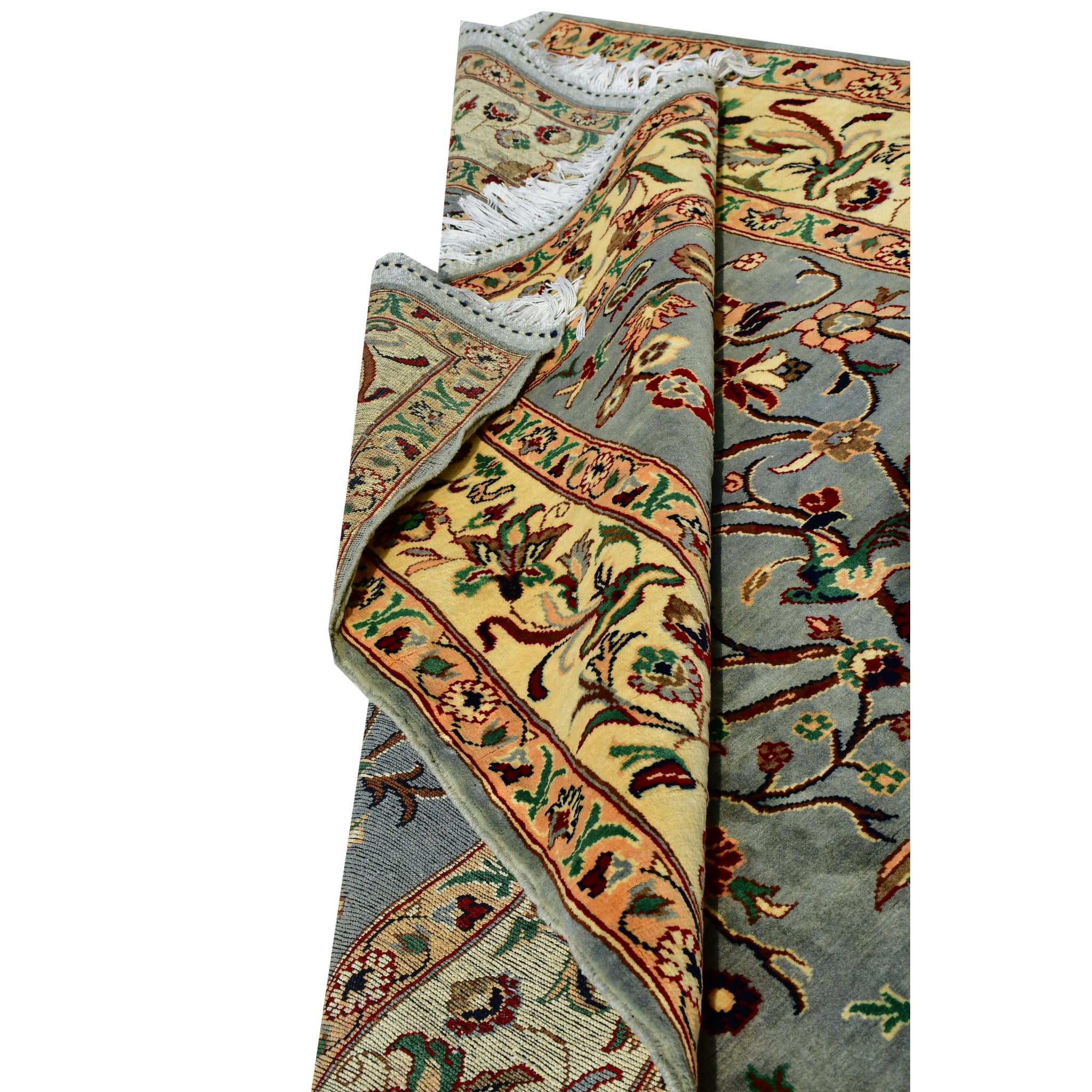 Handmade Afghan Aqcha Wool Rug 5x8 ft partially rolled view showing wool pile thickness