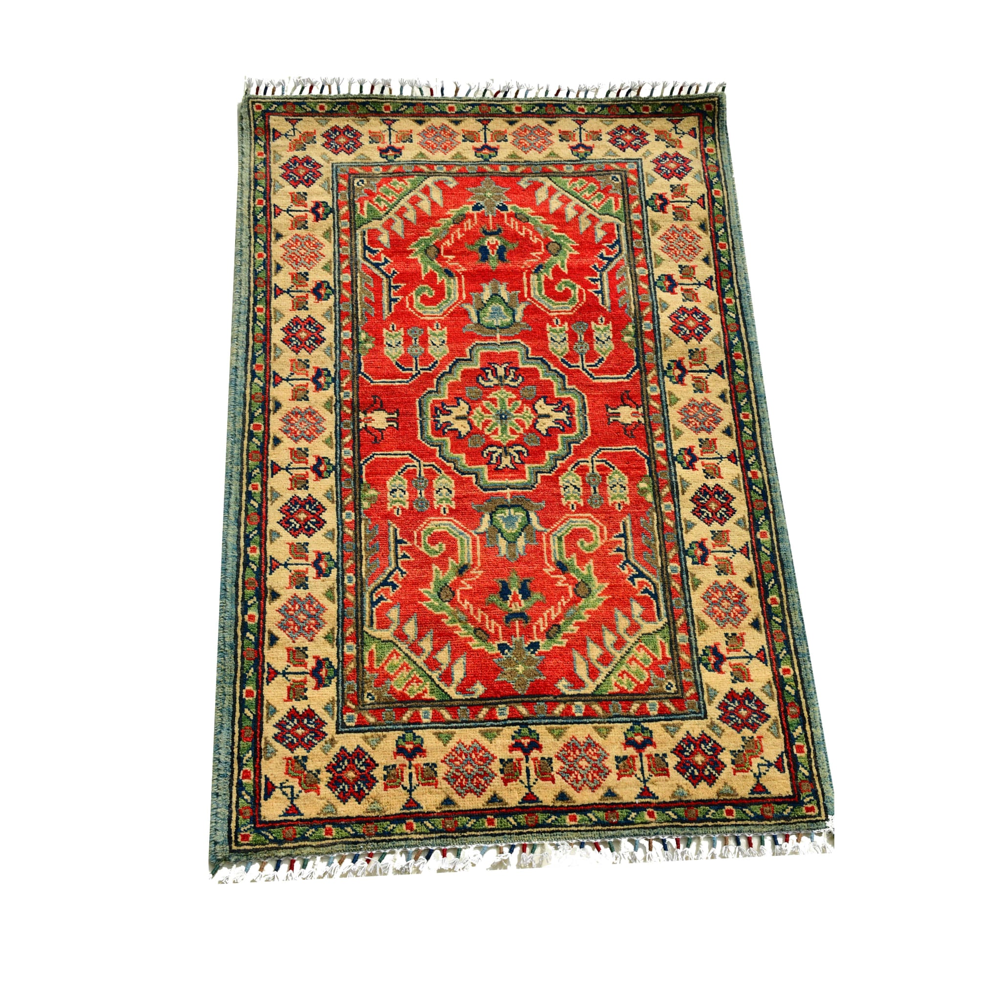 Handmade Afghan Aqcha Wool Rug 2.5x4 ft full front view with geometric central medallion in red and ivory