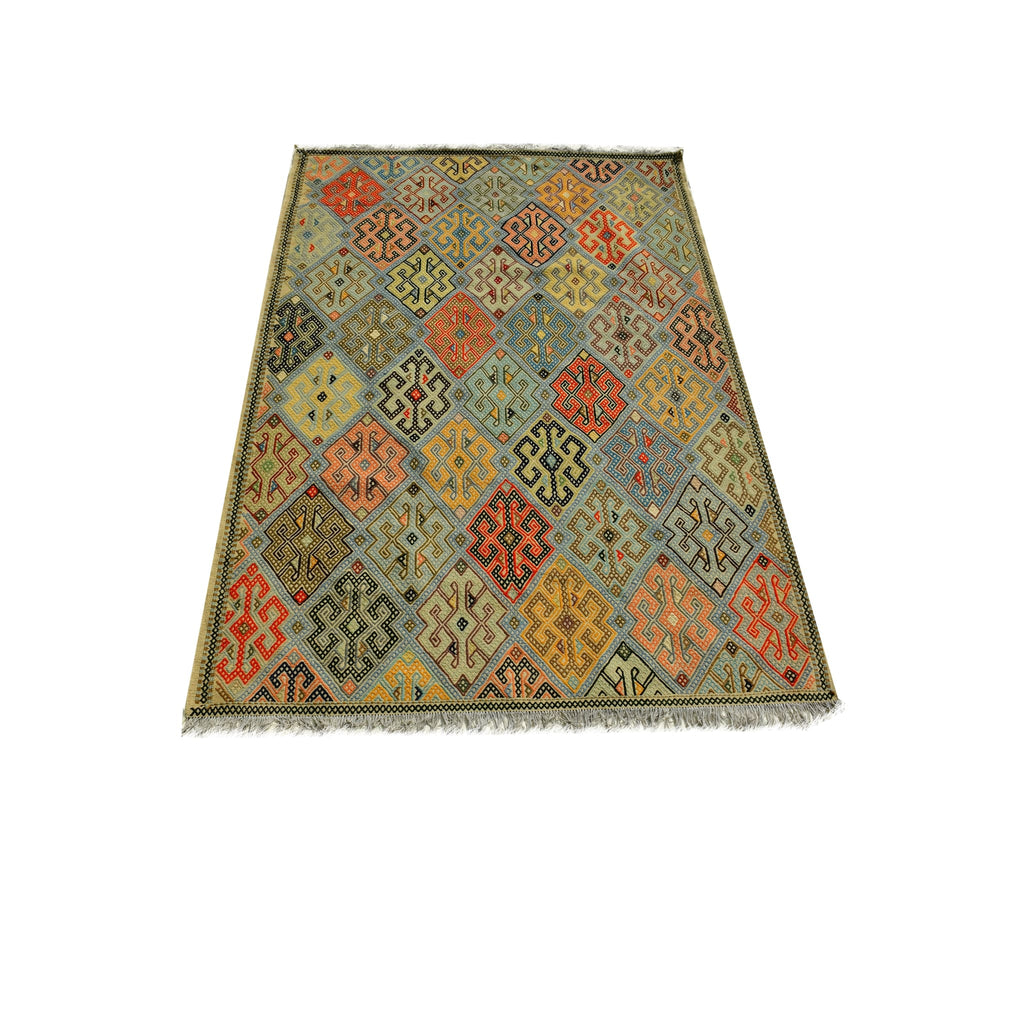 Handmade Afghan Aqcha Wool Rug 7x10 ft side angle view showing color variations across the kilim