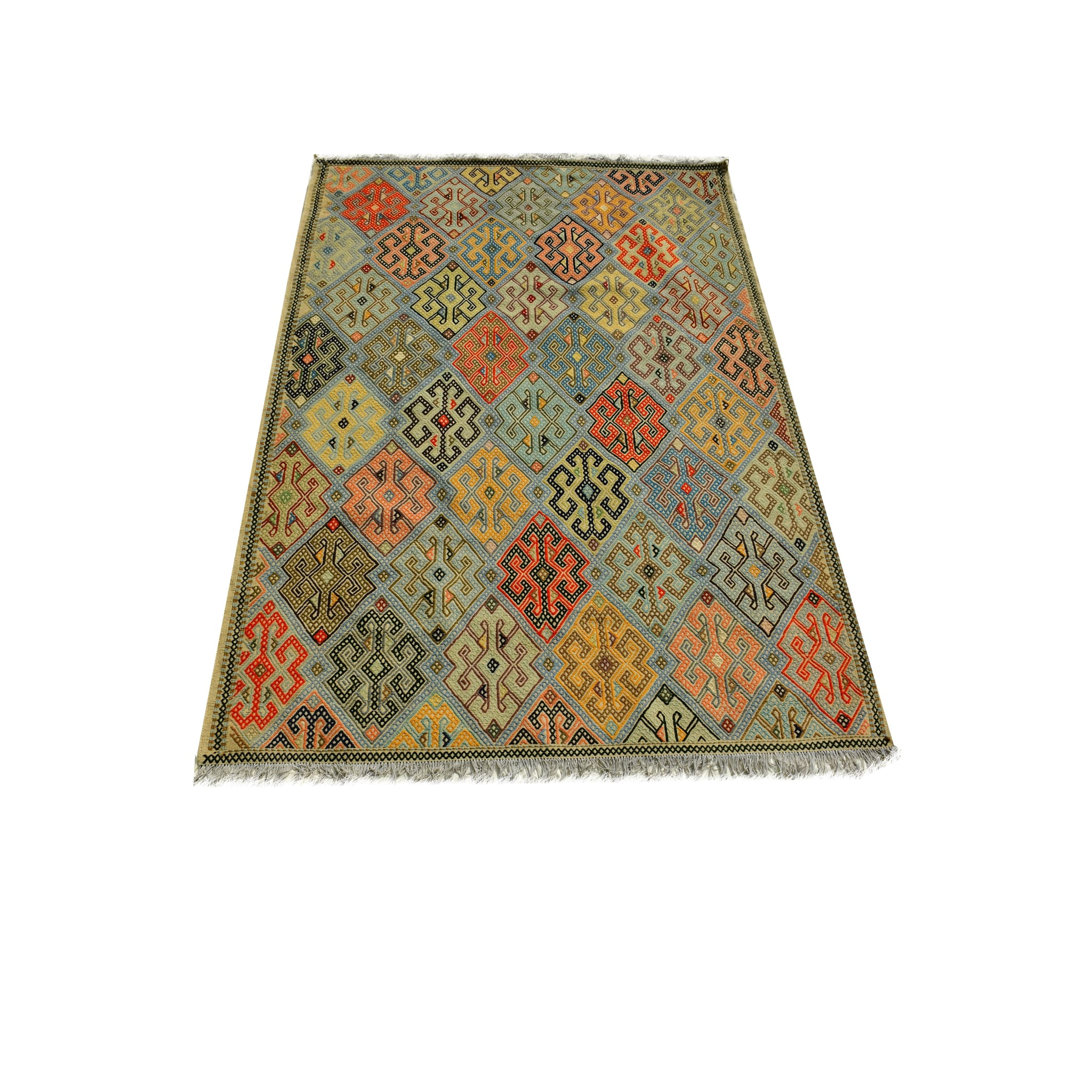 Handmade Afghan Aqcha Wool Rug 7x10 ft side angle view showing color variations across the kilim