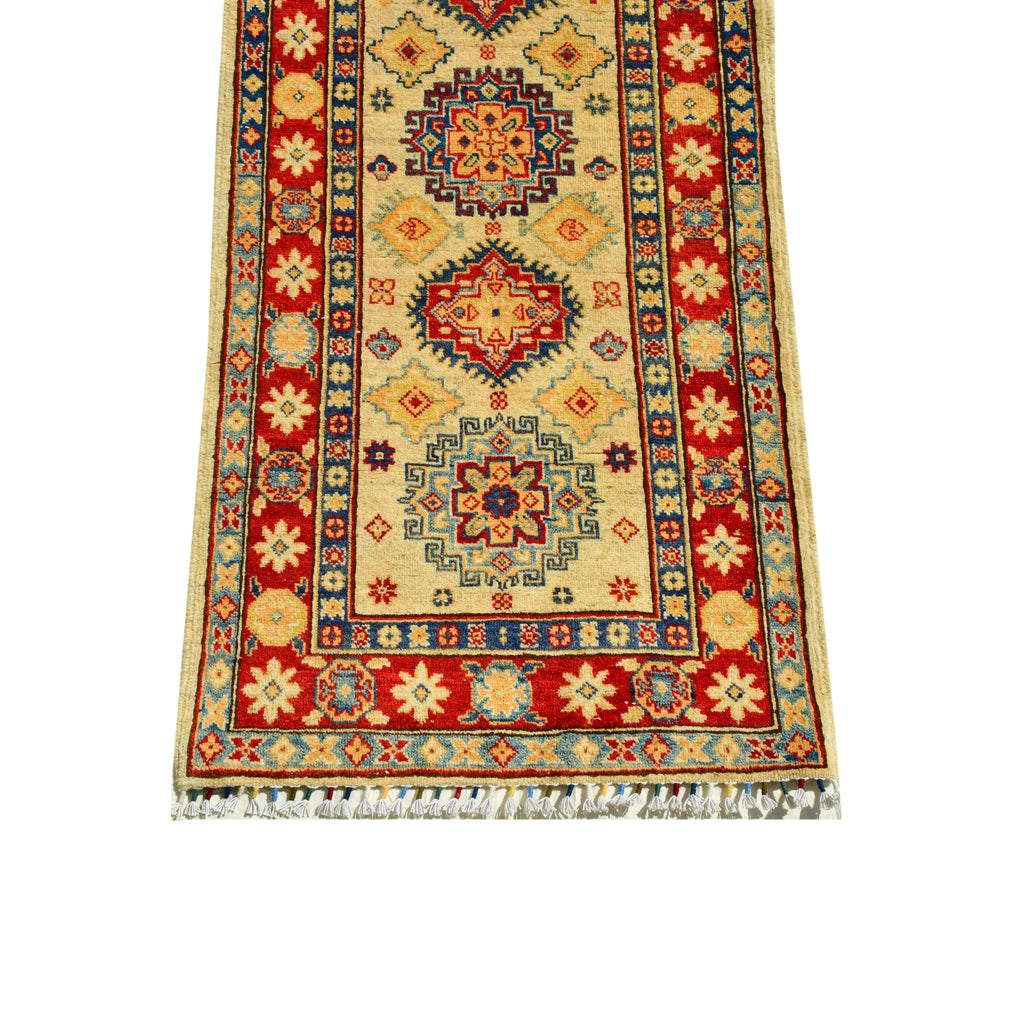 Handmade Afghan Aqcha Wool Rug 2.5x10 ft bottom section detail with fringe and red rosette border