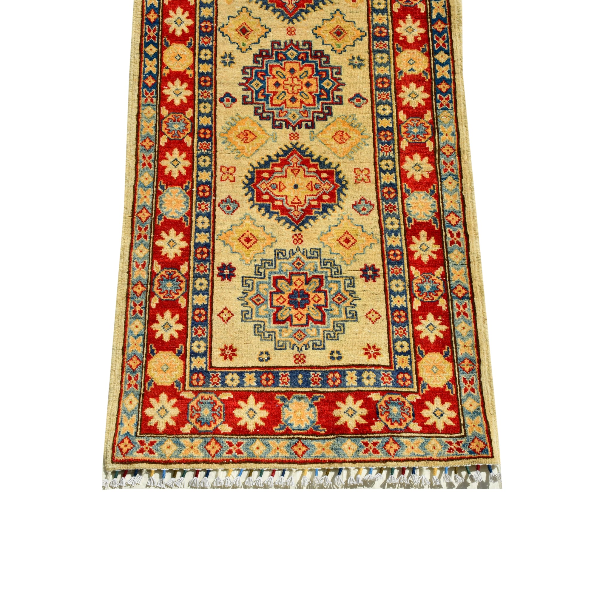 Handmade Afghan Aqcha Wool Rug 2.5x10 ft bottom section detail with fringe and red rosette border