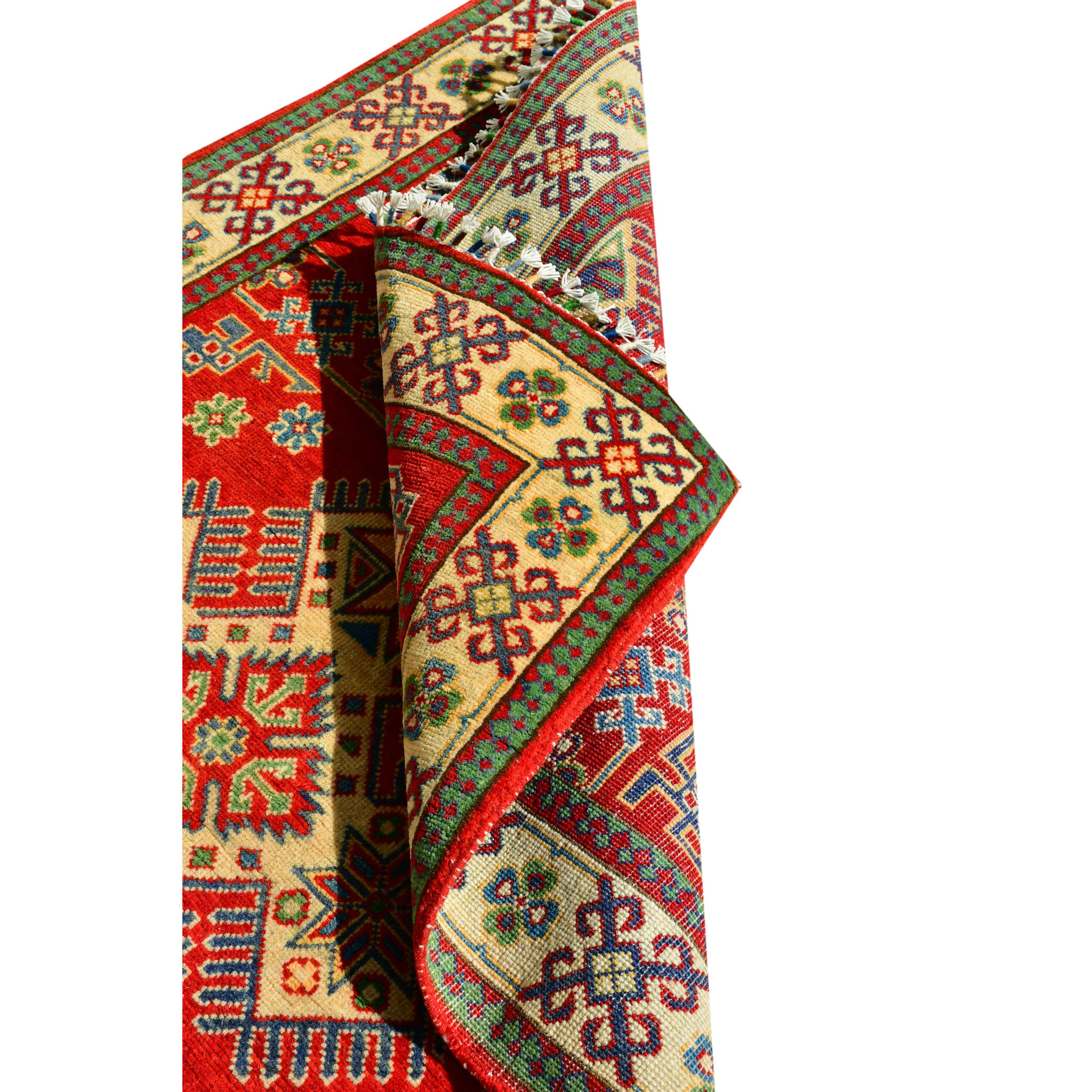 Handmade Afghan Aqcha Wool Rug 4x6 ft partially rolled view showing dense pile thickness and wool texture