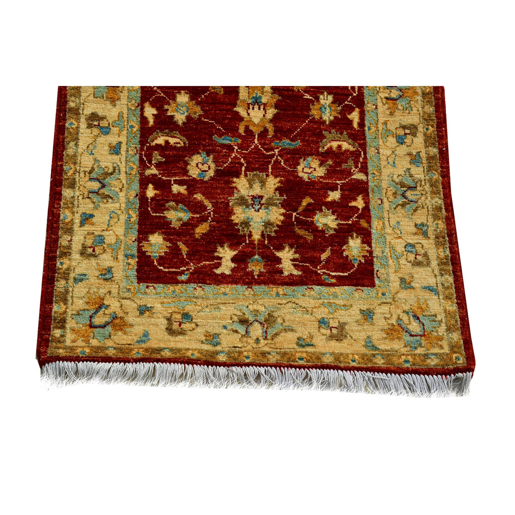 Handmade Afghan Aqcha Wool Rug 3x10 ft edge view showing fringe and border pattern