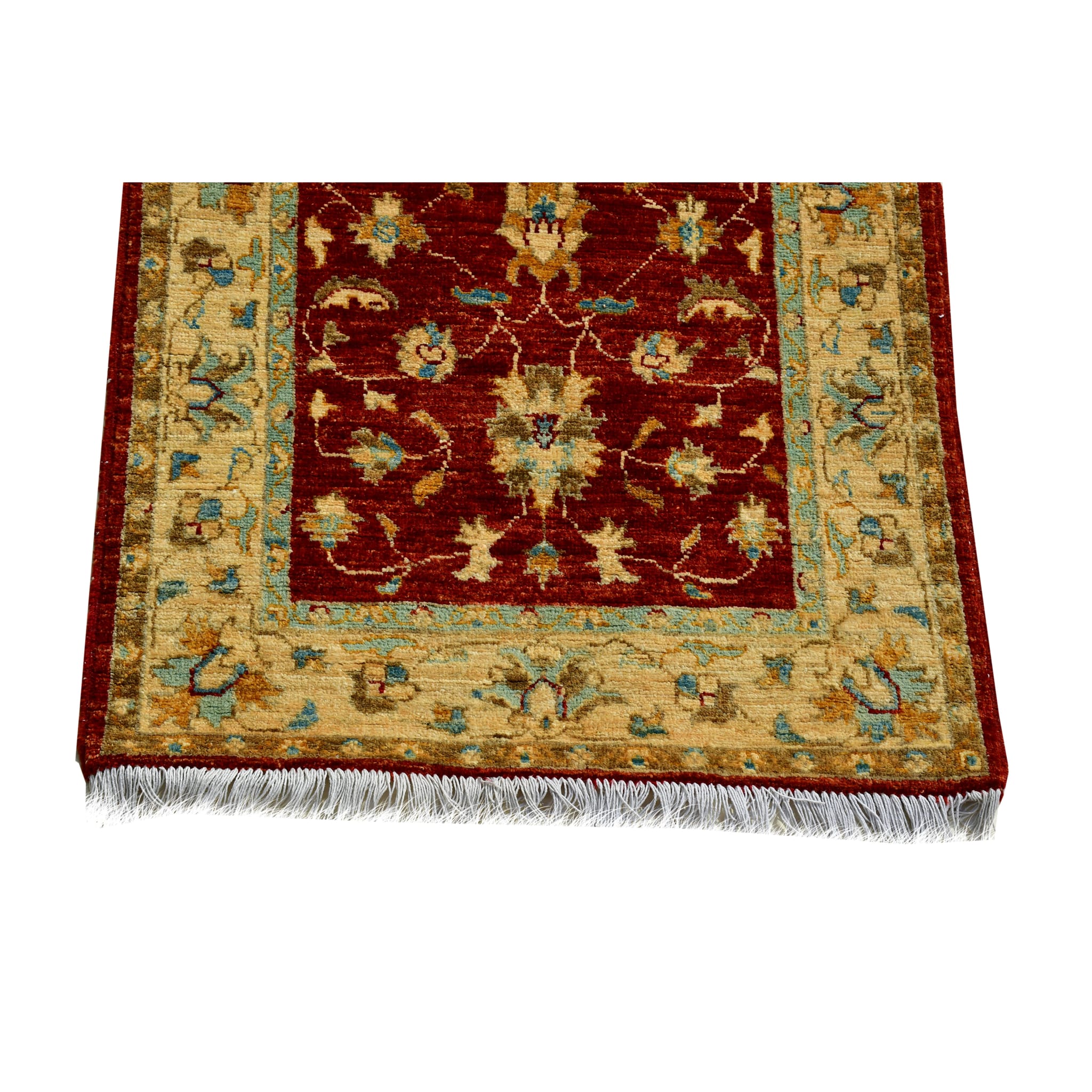 Handmade Afghan Aqcha Wool Rug 3x10 ft edge view showing fringe and border pattern