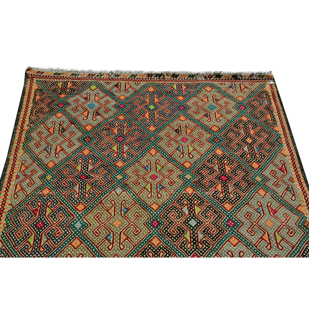 Handmade Afghan Aqcha Wool Rug 5x7 ft detail close-up of latch hook motifs and natural dye colors