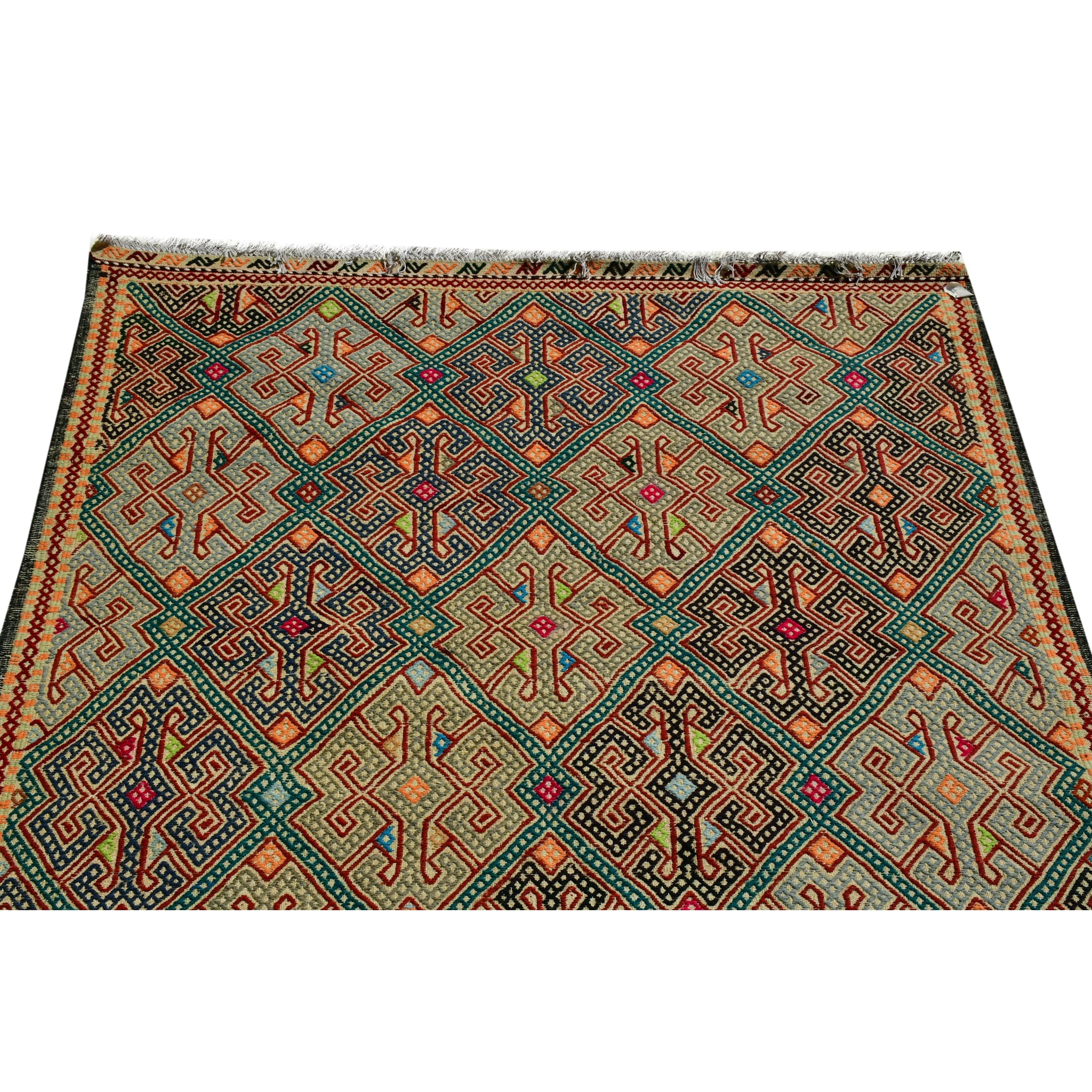 Handmade Afghan Aqcha Wool Rug 5x7 ft detail close-up of latch hook motifs and natural dye colors