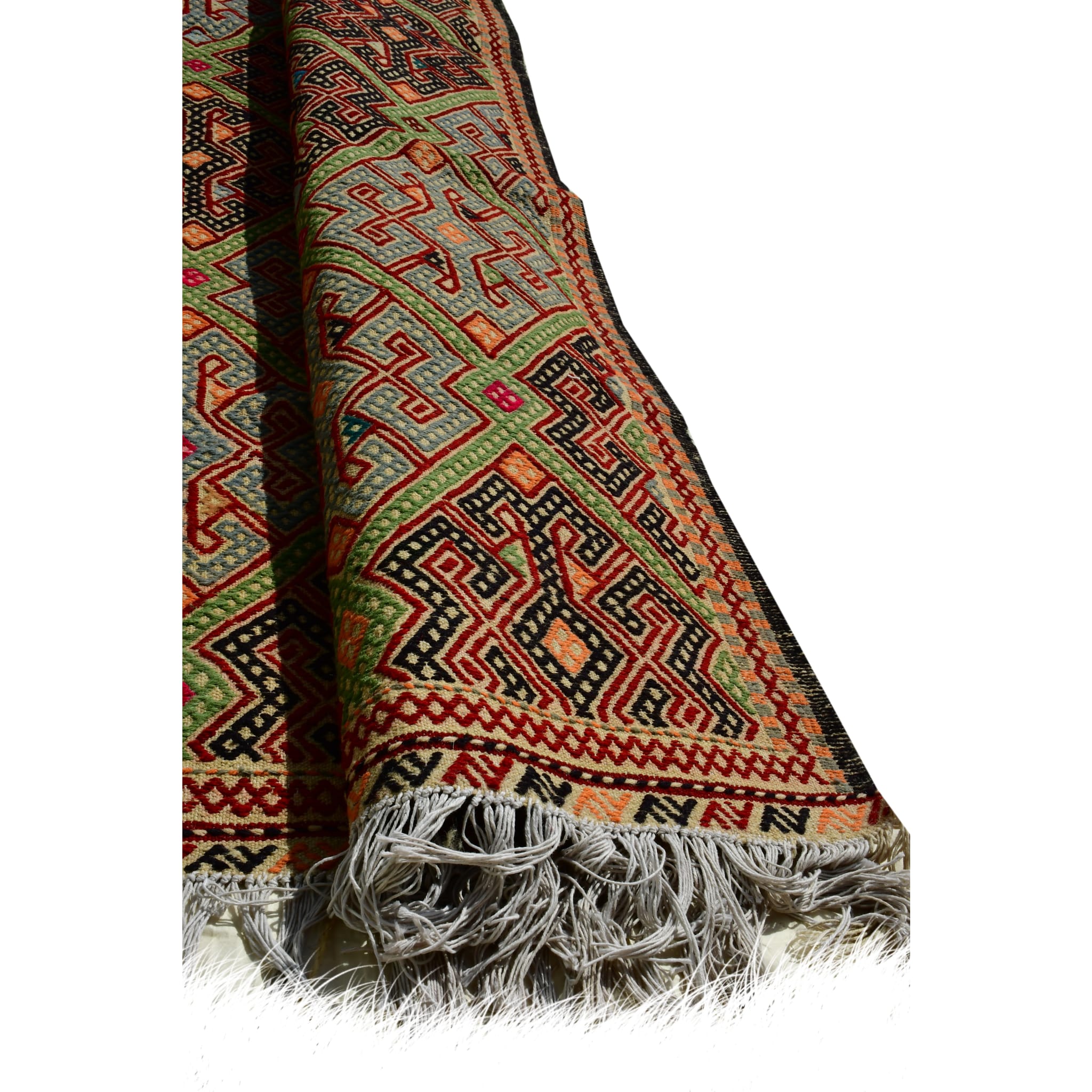 Handmade Afghan Aqcha Wool Rug 5x7 ft partially rolled view showing wool thickness and flatweave body