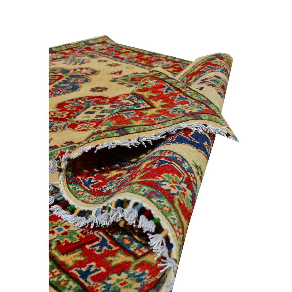 Handmade Afghan Aqcha Wool Rug 3x5 ft rolled edge highlighting fringe and hand knotted weave