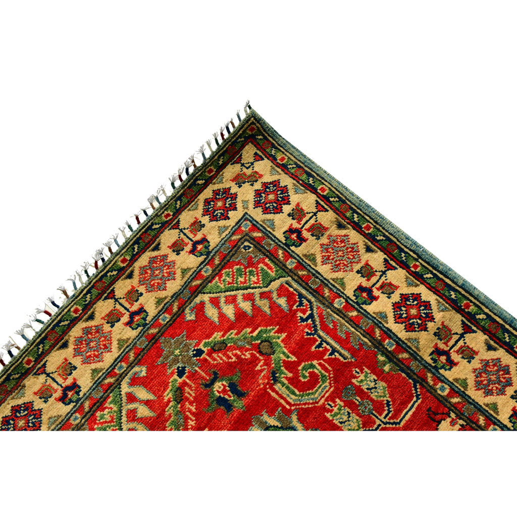 Handmade Afghan Aqcha Wool Rug 2.5x4 ft corner detail showing ivory meander border and fringe