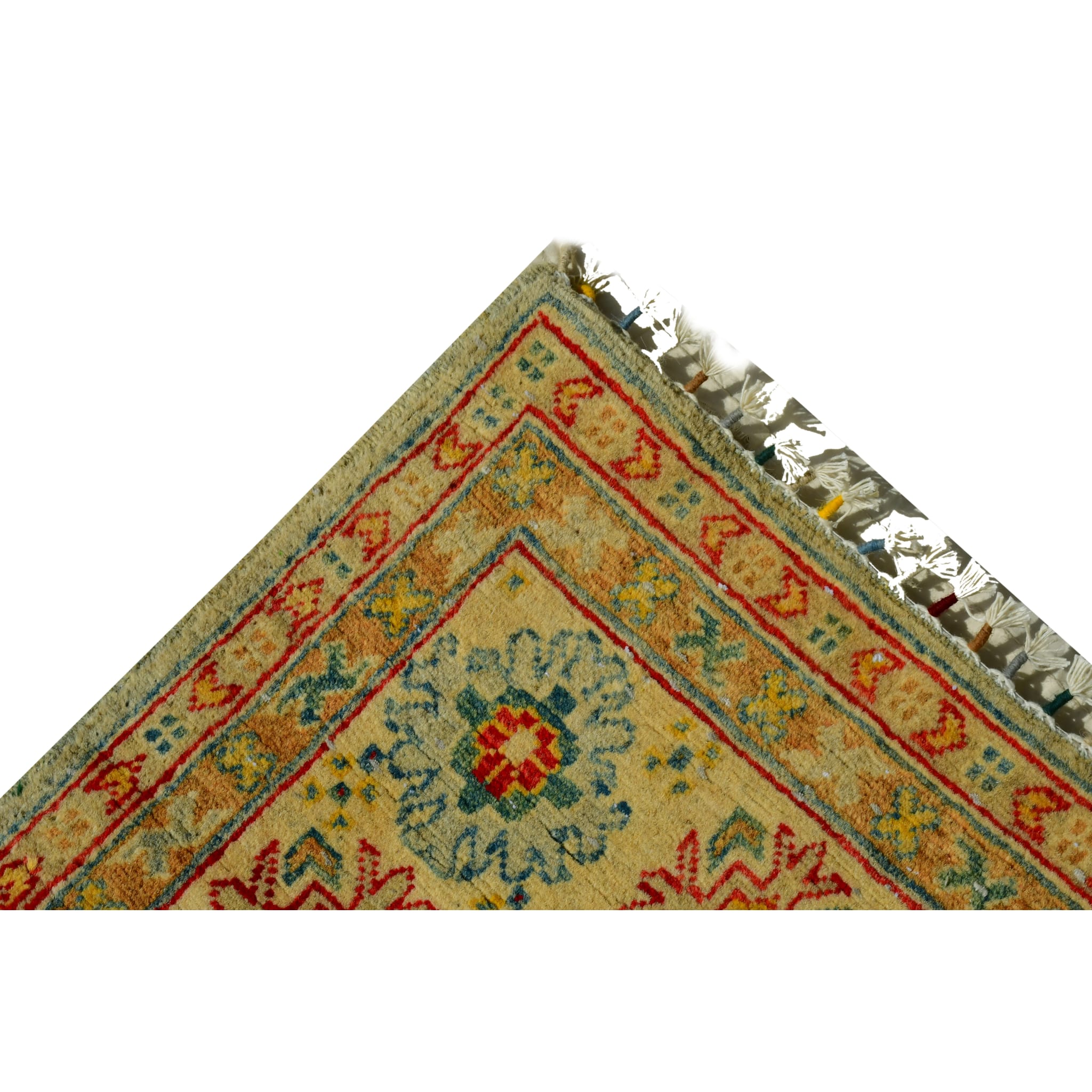 Handmade Afghan Aqcha Wool Rug 5x8 ft corner detail showing border pattern and hand tied wool fringe