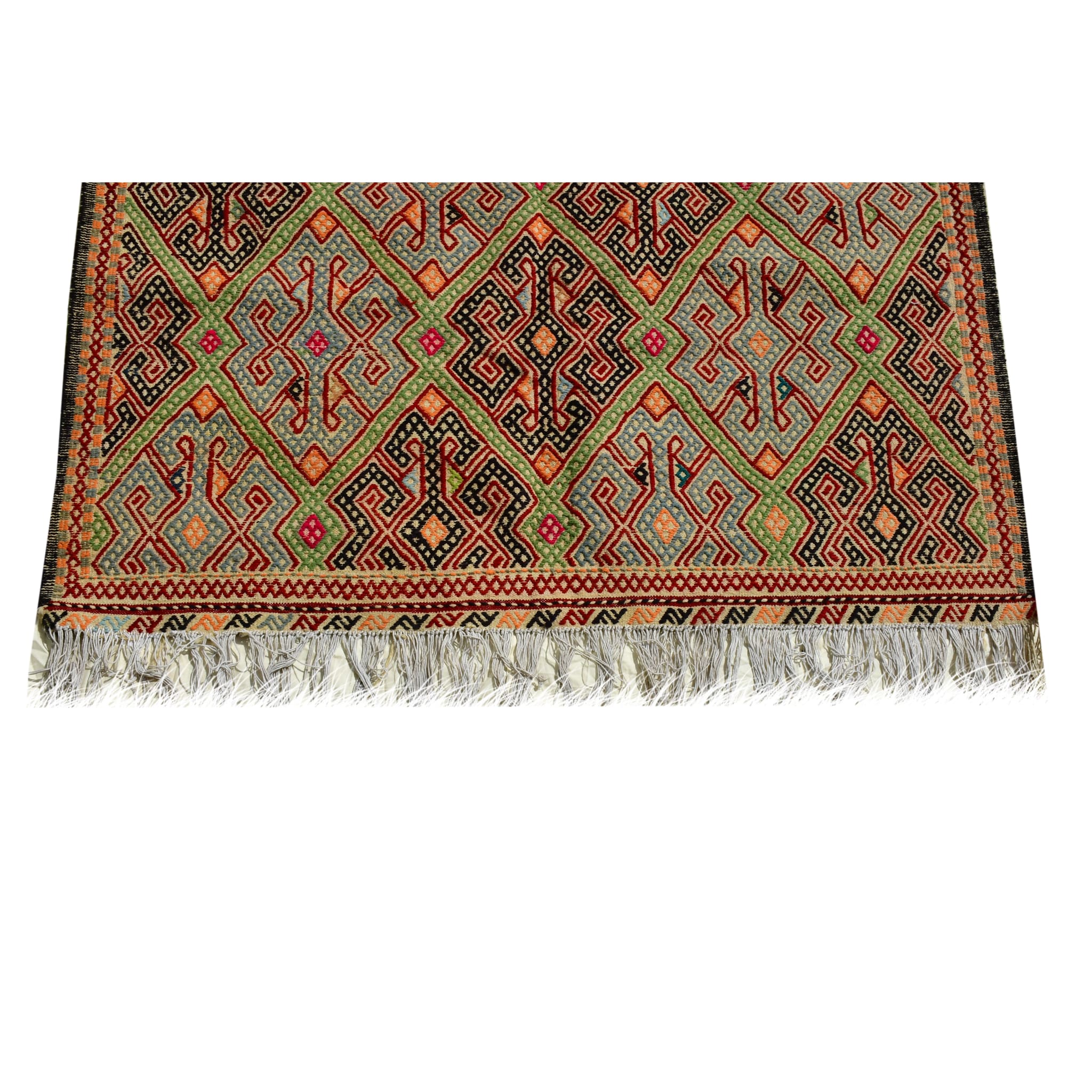 Handmade Afghan Aqcha Wool Rug 5x7 ft close-up of white fringe detail along the kilim edge