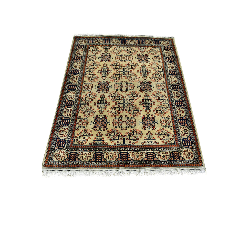 Handmade Afghan Aqcha Wool Rug 5x7 ft full view showcasing ivory field with geometric floral and rosette motifs