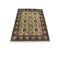 Handmade Afghan Aqcha Wool Rug 5x7 ft full view showcasing ivory field with geometric floral and rosette motifs