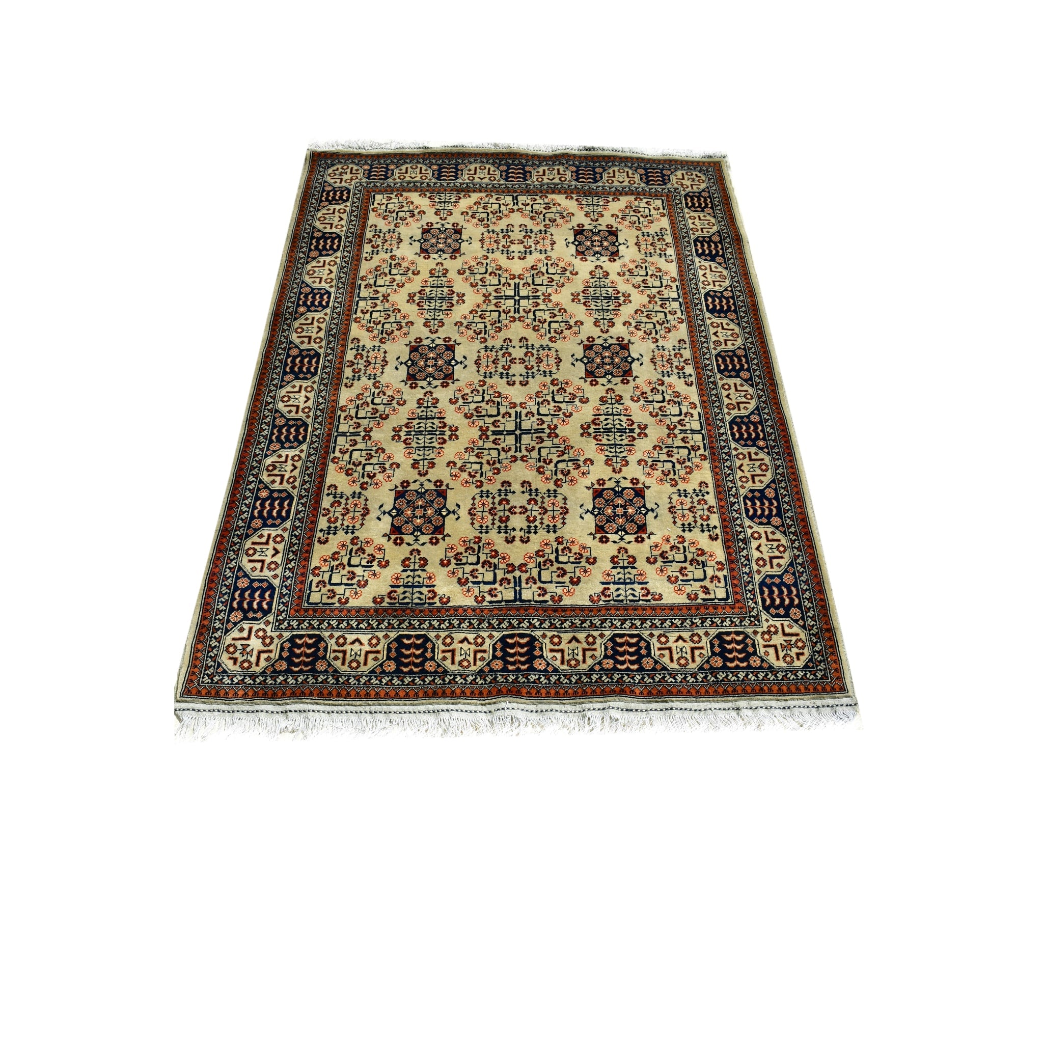 Handmade Afghan Aqcha Wool Rug 5x7 ft full view showcasing ivory field with geometric floral and rosette motifs