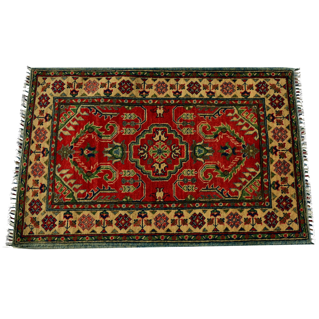 Handmade Afghan Aqcha Wool Rug 2.5x4 ft side angle highlighting pile depth and pattern
