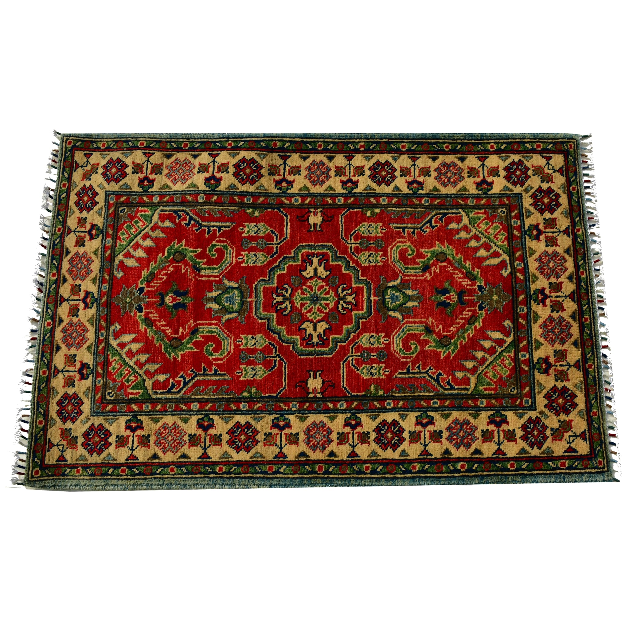 Handmade Afghan Aqcha Wool Rug 2.5x4 ft side angle highlighting pile depth and pattern