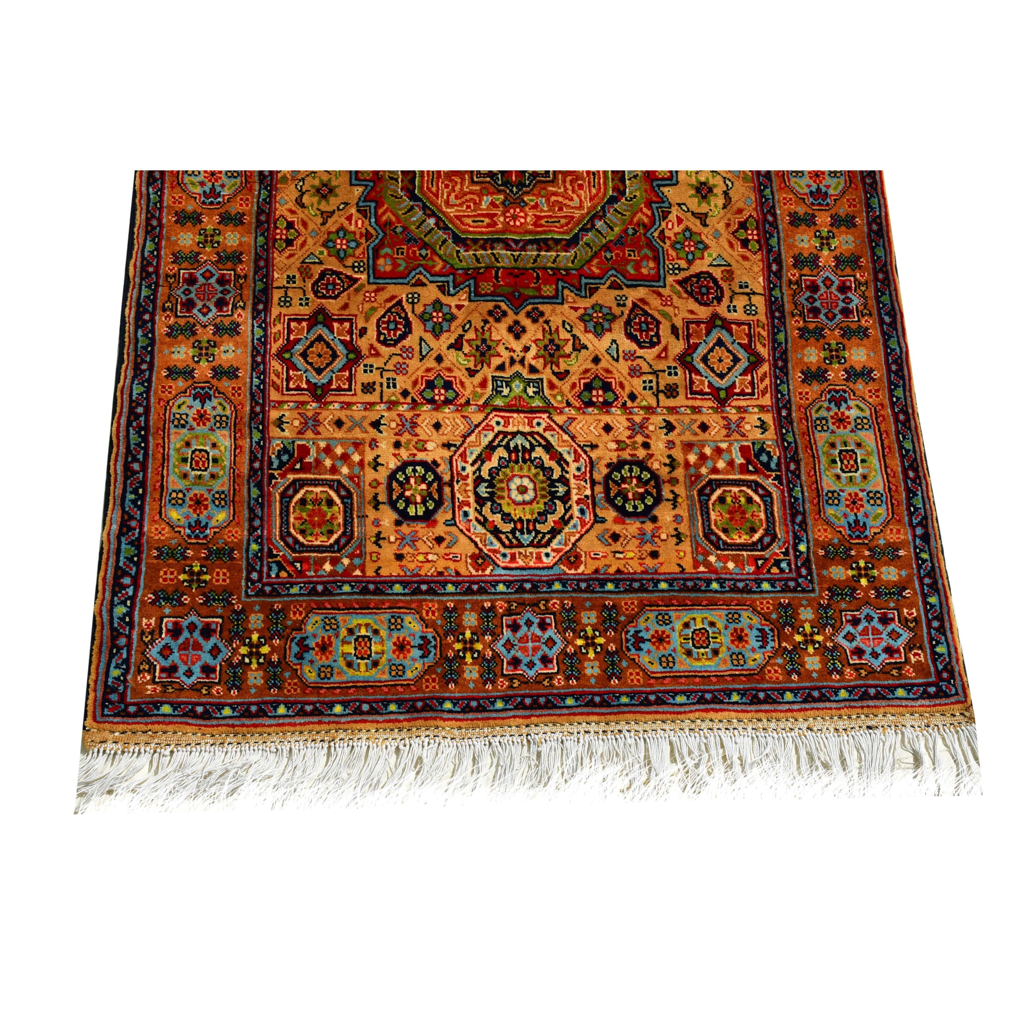 Handmade Afghan Aqcha Wool Rug 3x5 ft bottom section detail of geometric border and fringe