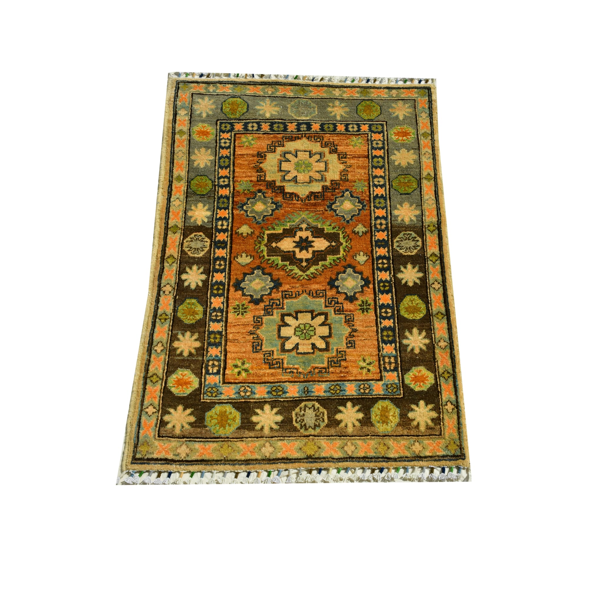 Handmade Afghan Aqcha Wool Rug 3x4 ft full front view showing geometric Kazakh pattern with stepped central medallions