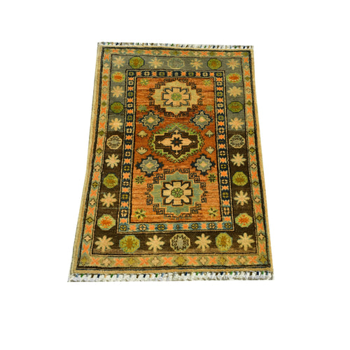 Handmade Afghan Aqcha Wool Rug 3x4 ft full front view showing geometric Kazakh pattern with stepped central medallions