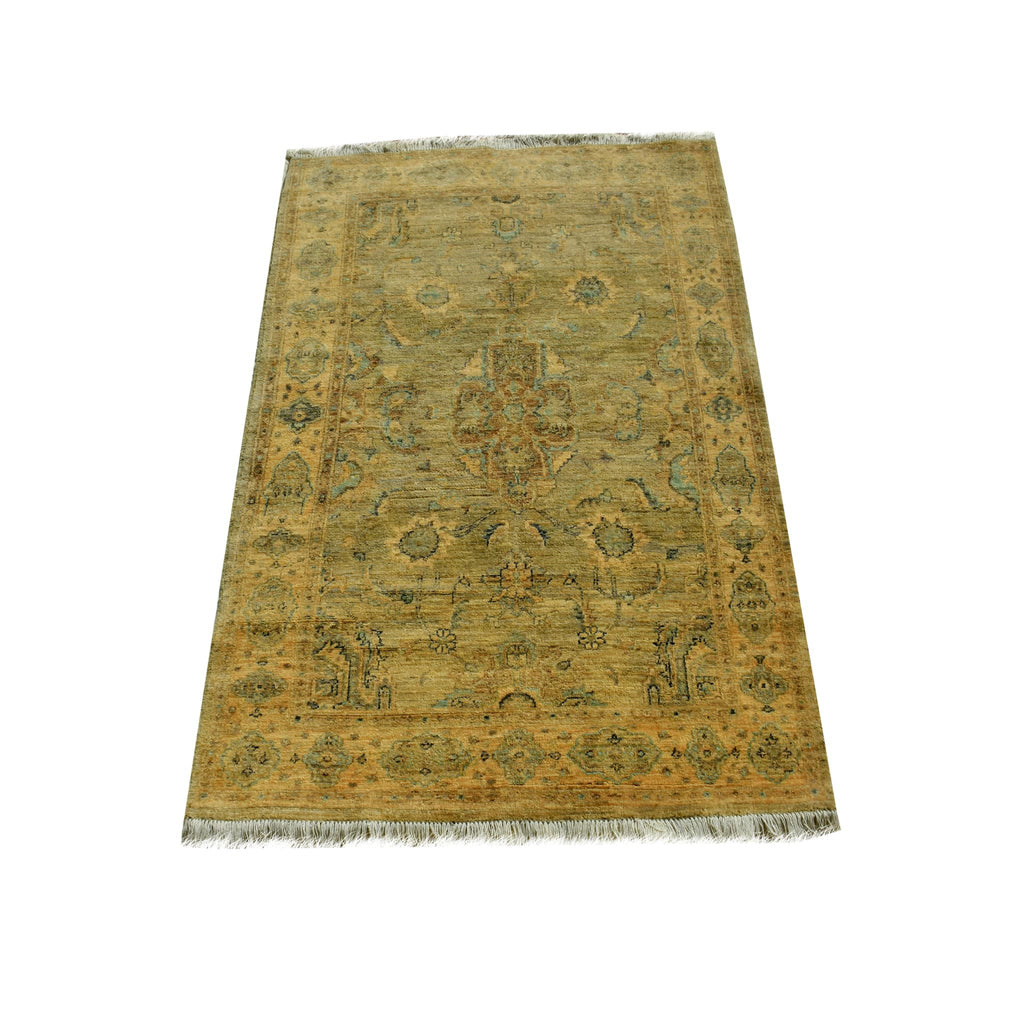 Handmade Afghan Aqcha Wool Rug 4x6 ft side angle view highlighting soft sheen and dense wool texture