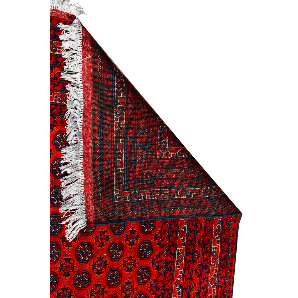 Handmade Afghan Aqcha Wool Rug 5x7 ft straight edge view with visible fringe and border
